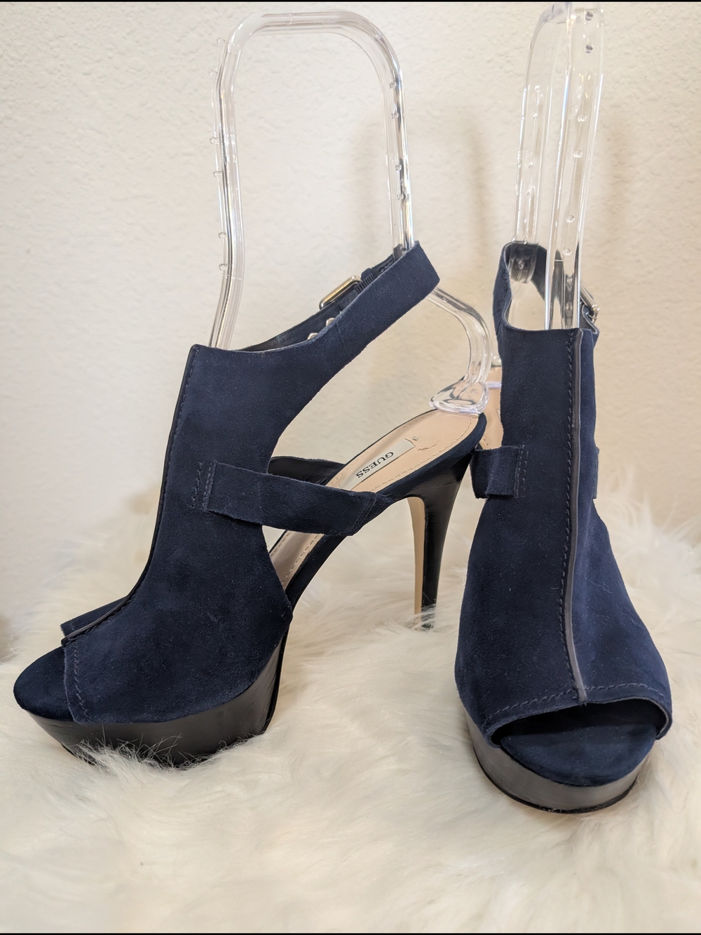 GUESS Navy Suede Peep-Toe Platform Heels - Women